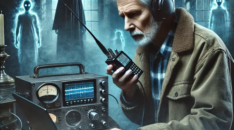 DALL·E 2024-07-08 23.42.00 - An older paranormal investigator using a Software Defined Radio (SDR) setup in a dark, eerie environment. The scene includes the investigator with gra