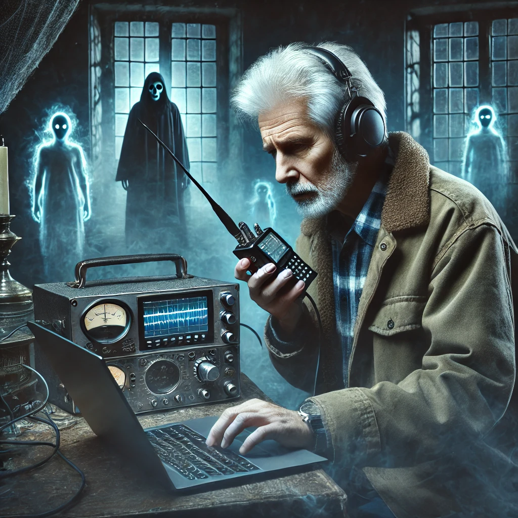 DALL·E 2024-07-08 23.42.00 - An older paranormal investigator using a Software Defined Radio (SDR) setup in a dark, eerie environment. The scene includes the investigator with gra